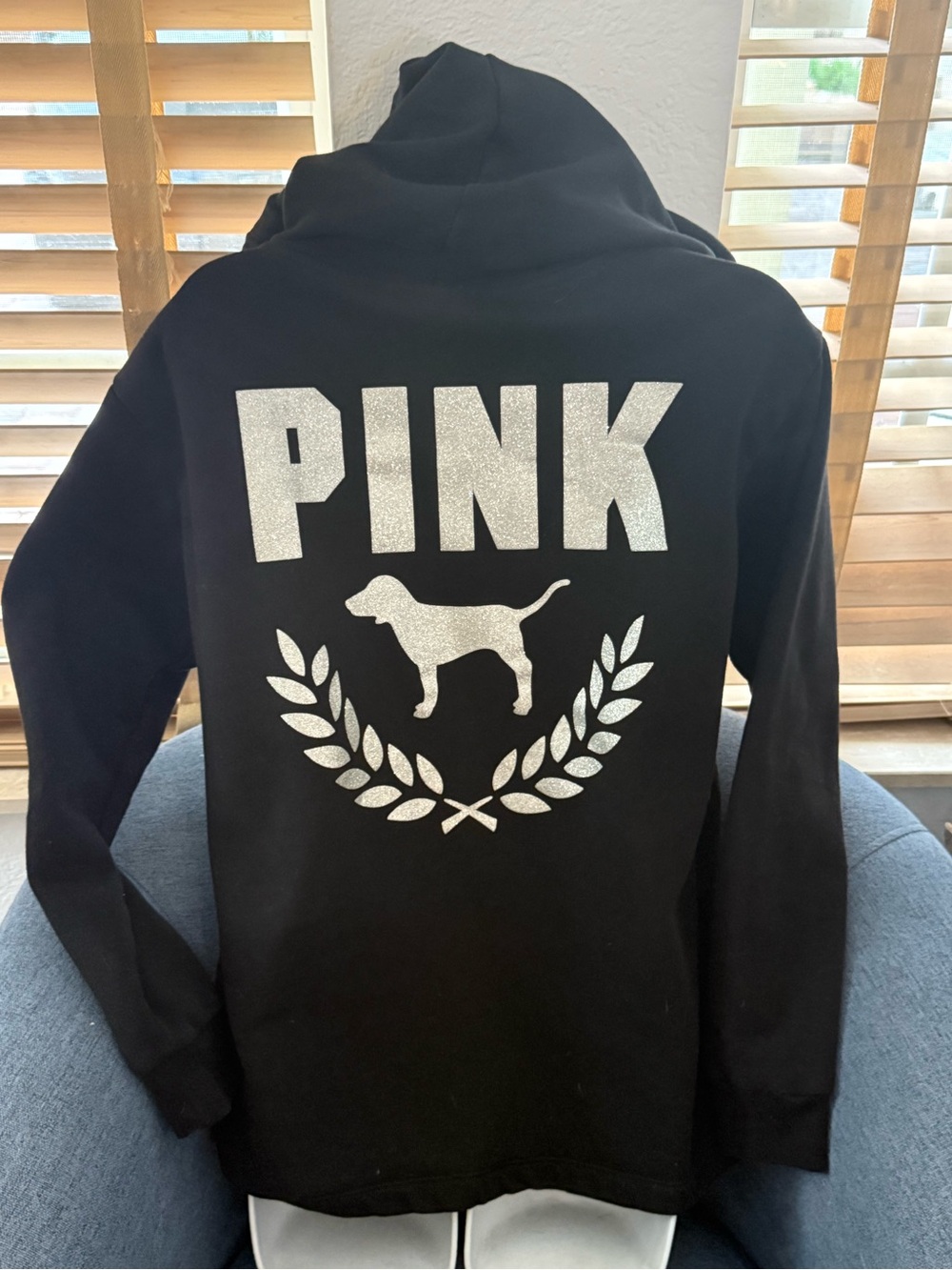 PINK Victoria's Secret Black Hoodie with Silver Logo and Dog Graphic